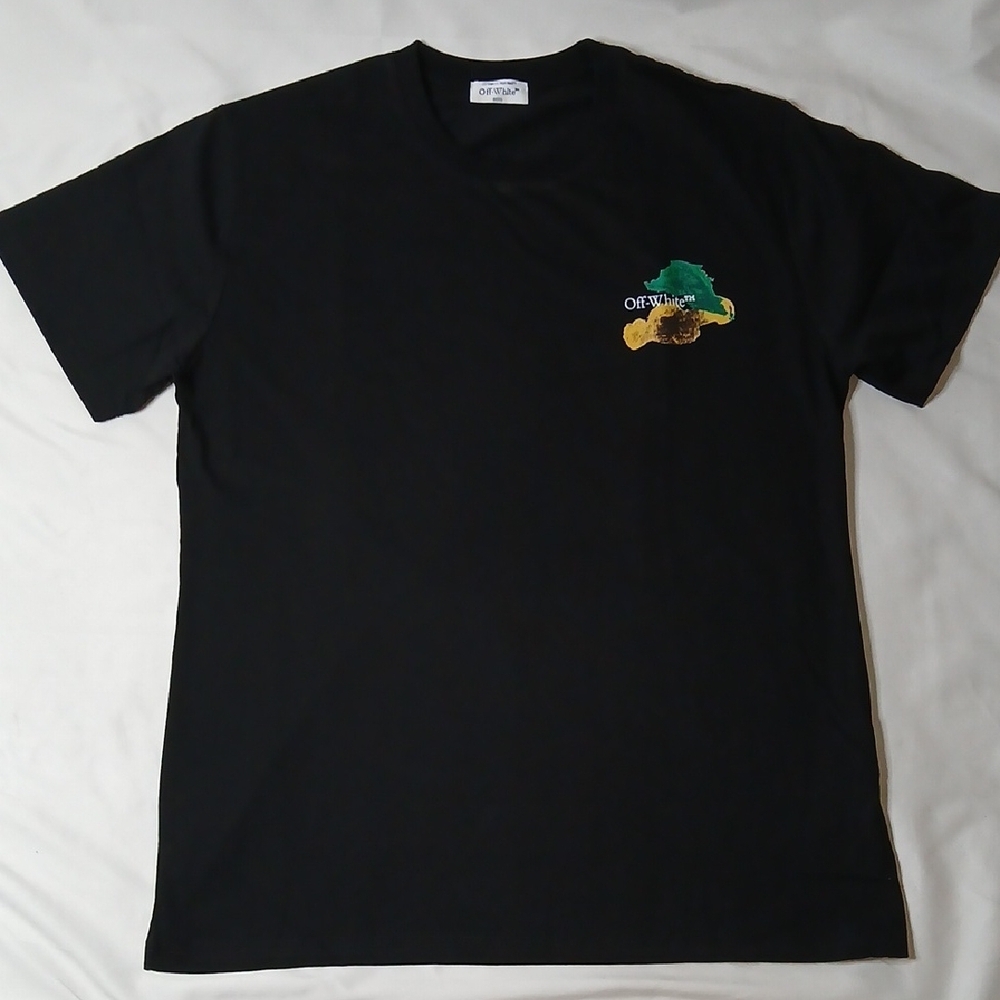 Off-White Black Tee with Green & Yellow Chest Motif